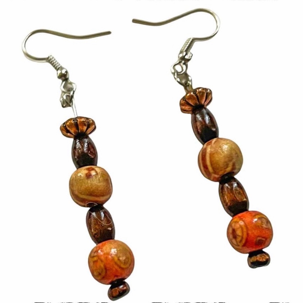 New Handmade Sterling Silver Petrified Wood Orange Brown Wooden Dangle Earrings - Picture 2 of 11